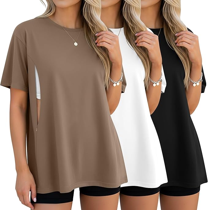 3 Pack Women's Oversize Nursing Breastfeeding Shirts Hidden Zipper Short Sleeve Loose Fit Maternity Tops