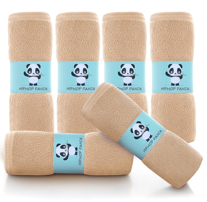HIPHOP PANDA Baby Washcloths, Rayon Made from Bamboo - 2 Layer Ultra Soft Absorbent Newborn Bath Face Towel - Reusable Baby Wipes for Delicate Skin - Brown, 6 Pack