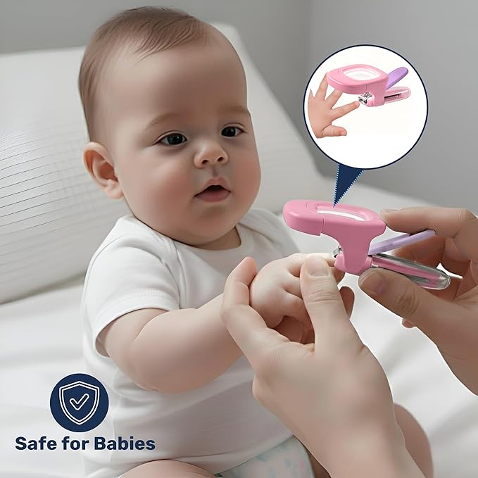 Baby Nail Clipper & File with LED Light, Fingernail Cutter with Catcher for Newborn, Infants & Toddlers- Magnifier for Ultra Visibility, Baby Essentials Nail Trimmer (Pink)