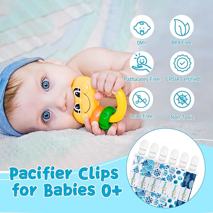 babygoal Ocean Blue Pacifier Clips, 6 Pack Binky Paci Holder Clips Leashes Fits for Most Pacifiers and Binkies 6PS12