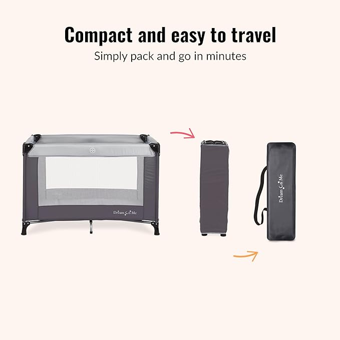 Dream On Me Nest Portable Playard , Award-Winning Lightweight Travel Playpen for Baby. Quick Fold, Mesh Sides, Foldable Mattress Pad, No-Tool Assembly, Meets ASTM/CPSC Standards -Grey