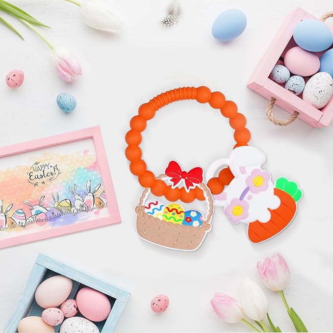Silicone Baby Ring Toy with Two Teethers,Must Haves Teething Relief Chew Toys for 0-6,6-12 Months Boys and Girls,Newborns Essentials,Safe and Soft,BPA Free. (Easter)