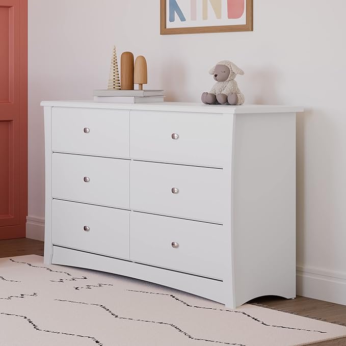 Storkcraft Crescent 6-Drawer Dresser (White) – GREENGUARD Gold Certified, White Dresser for Bedroom, Kids & Nursery Storage Chest, Safety Interlocking Drawers, Pre-Installed Tracks, Kids Chest