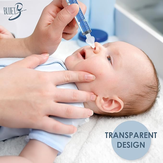 Bluet B - Baby Nasal Syringe (2-Pack) - Safe Silicone Nasal Aspirator for Newborn - Infant Mucus Removal - 10ml Nose Cleaner Syringe for Baby - Toddler Congestion Relief - Reusable Tips - Blue