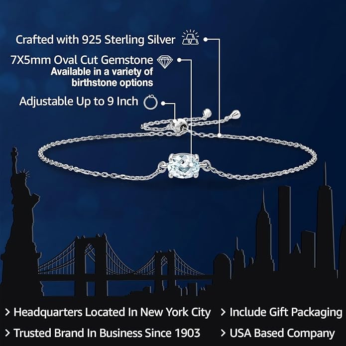 Gem Stone King 7X5MM Oval Gemstone Birthstone Solitaire Bracelet For Women | 925 Sterling Silver | Adjustable Bolo Bracelet For Women | Fine Jewelry Gifts for Her Mom Wife
