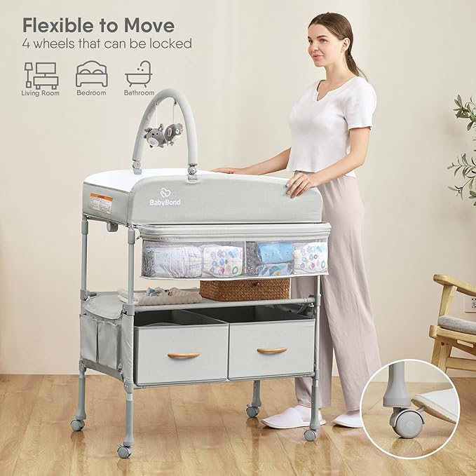 BabyBond Portable Baby Changing Table with 2 Storage Baskets, Foldable Changing Table Dresser Diaper Changing Table Height Adjustable Changing Station for Infant and Newborn(Beige)