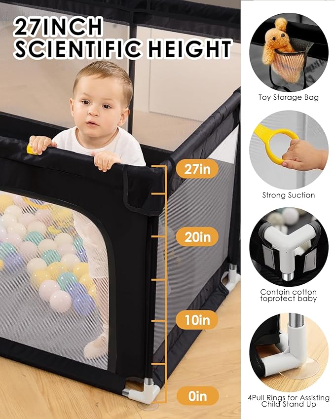 50" x 50" Extra Large Baby Playpen for Babies and Toddlers, Safe Activity Center with Soft Play Fence, Indoor Safety Yard, Easy to Assemble and Clean (Black)