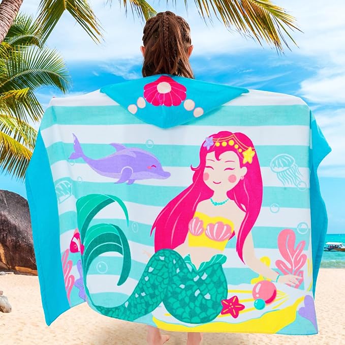 VOOVA & MOVAS Toddler Bath Towels Age 3-8, 30''X50,100% Cotton | Soft | Thick, Hooded Towel for Kids Girls, Perfect for Beach, Pool, Bath,Swim, Stripe Mermaid