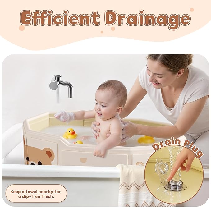 Collapsible Baby Bathtub for Shower, Portable Foldable Toddler Bath Tub with Non-Slip Base, Compact Travel Essentials for Kids & Infants, Easy Storage in Small Spaces, Brown