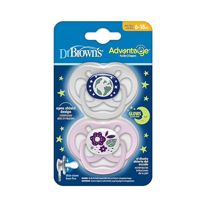 Dr. Brown's Advantage Glow-in-The-Dark Baby Pacifier, Fully Symmetrical Soother with Soft Silicone Bulb, Purple Nature, 6-18m, BPA Free, 24 Pack