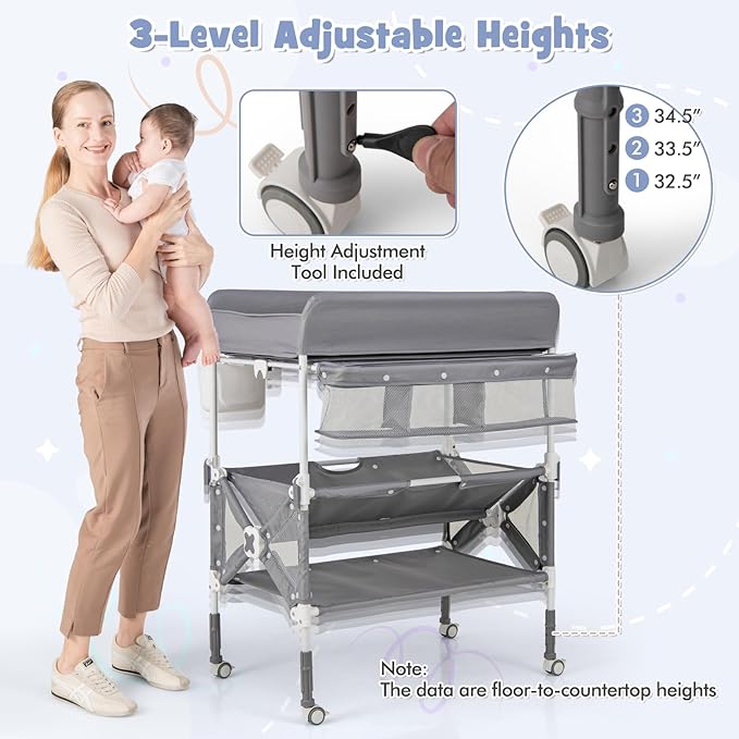 HONEY JOY Changing Table, Foldable Baby Mobile Nursery Organizer w/Wheels, Adjustable Heights, Storage Bag & Shelves, Waterproof Diaper Changing Station Dresser, Portable for Newborn Infant (Gray)