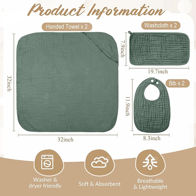 6 Pcs Muslin Hooded Bath Towels Washcloths and Bibs Set, Muslin Cotton Baby Towels Absorbent Hooded Blanket Towel Infant Bibs for Boys Girls Newborn Infant Essential(Dark Green, Beige)