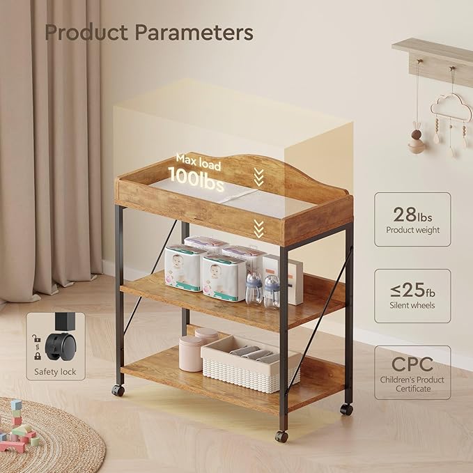 Baby Changing Table, Diaper Changing Station with Pad and Wheels, Two-Tier Open Storage Shelves, Waterproof Diaper pad & Safety Strap,Compact Baby Furniture for Nursery, Rustic Brown