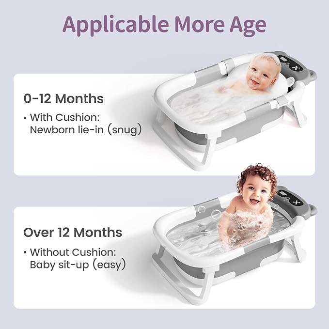 Collapsible Baby Bathtub for Newborn to Toddler (0-18 Months) - Foldable Baby Bath Tub with Soft Towel, Newborn& Infant Bathtub for Travel and Outdoor, Grey