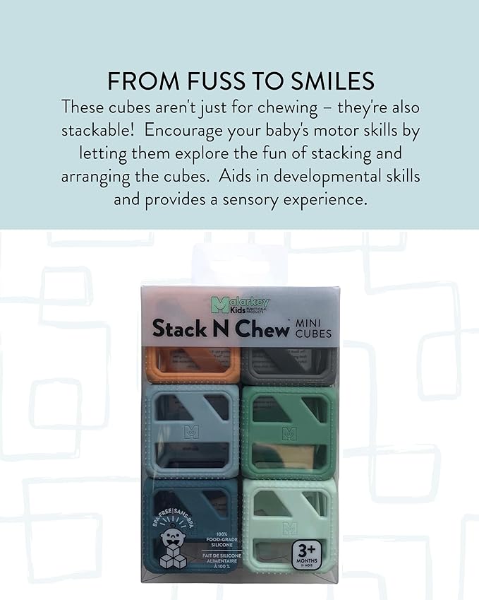 Malarkey Kids Stack N Chew - Mini Cubes Baby Chew Toy Monochrome - Develops Fine Motor Skills, Increases Grip Strength, Stimulates Hand-Eye Coordination (Earthy)