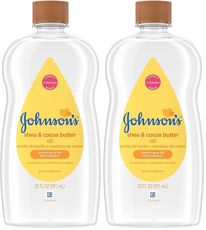 Johnson's Baby Oil, Mineral Oil Enriched with Shea & Cocoa Butter to Prevent Moisture Loss, Hypoallergenic, 20 fl. oz (Pack of 2)