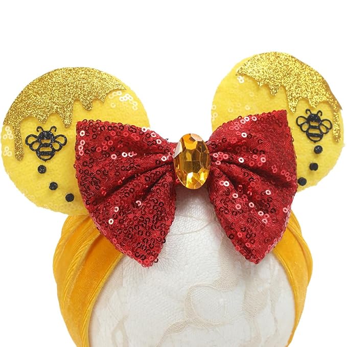 JIAHANG Baby Girl Mouse Ears Turban Headband with Bee, Yellow Sequin Bows Headwrap, Wide Hairband for Newborn Infant Toddler, Fashion Headwear Party Supplies