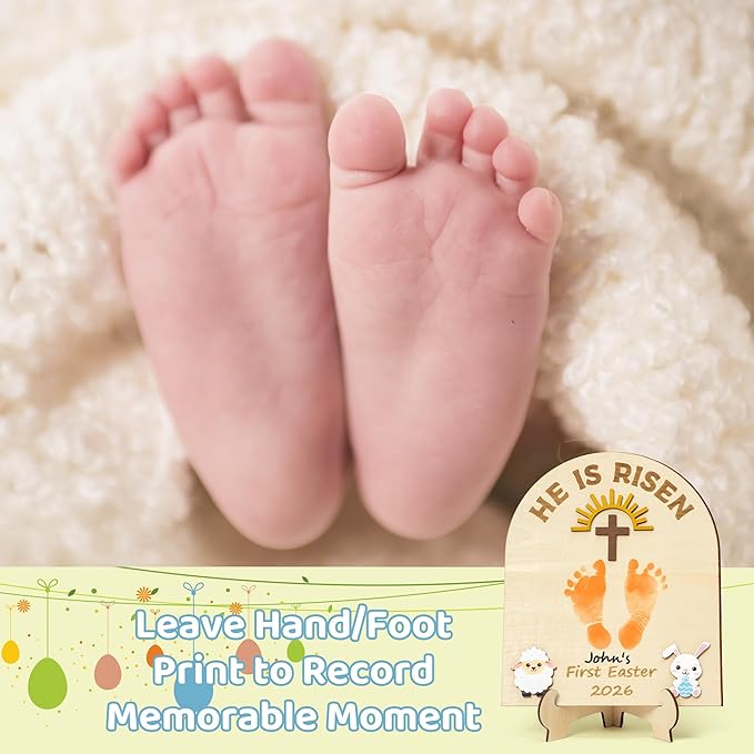 R HORSE DIY Baby's First Easter Footprint or Handprint Art Sign with Ink Pad, 3D Easter Christian He is Risen Keepsake Craft Gifts, Bible Verse Religious Cross Baby Shower Decor Nursery Photo Prop