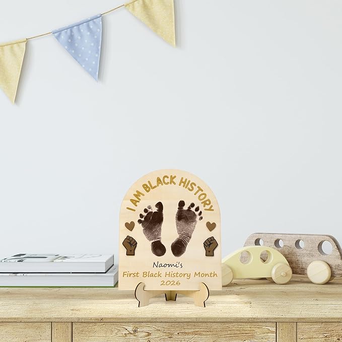 R HORSE 3D Baby's First Black History Month Footprint or Handprint Art Sign Craft, I am Black History DIY Wooden Hanging Decoration, Newborn Keepsake Gift for Unisex Baby Photo Prop Nursery Decor