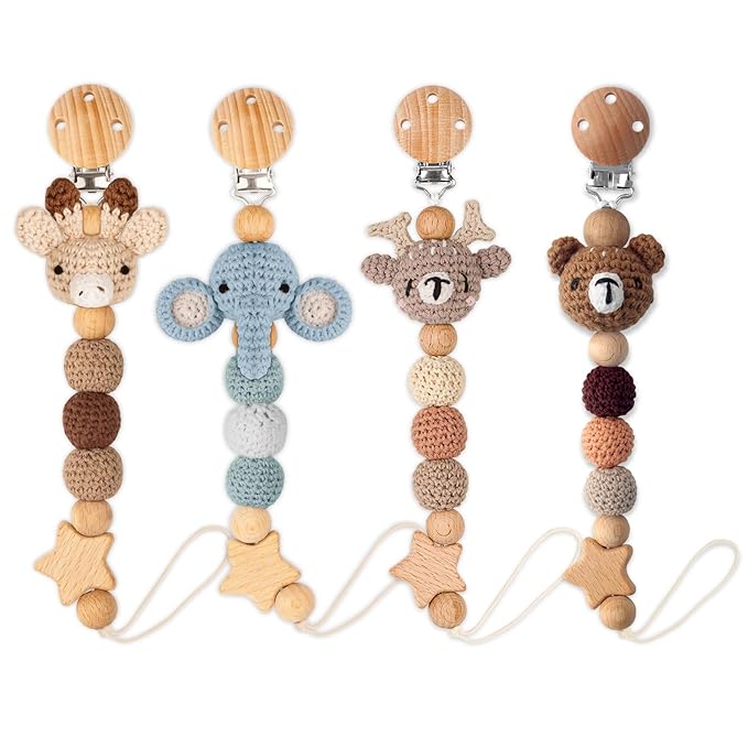 Handmade Knitted Christmas Pacifier Clip Holder for Boys and Girls,4 PCS Binky Clip Fits for Most Baby Pacifier