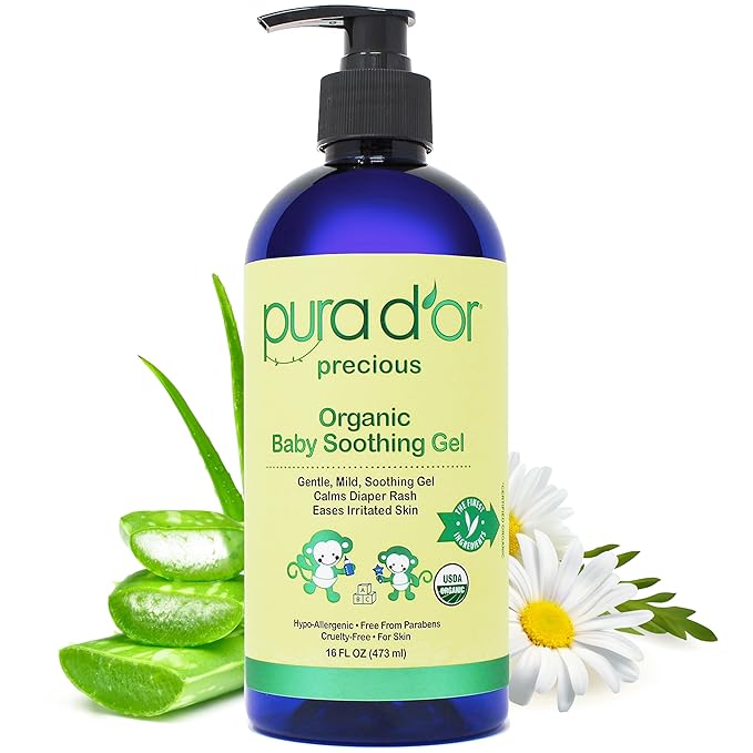 PURA D'OR 16 Oz ORGANIC Baby Soothing Gel For Sensitive Skin - Diaper Rash & Irritation Relief with Aloe Vera, Tamanu Oil, Chamomile, Jojoba, & Almond Oil