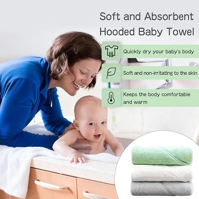 12 PCS Hooded Baby Towel Set, 32x32 Inch Absorbent Baby Bath Towels, 3 PCS Soft Hooded Towels & 9 PCS Washcloths, Unisex Baby Gift Set for Newborns, Babies, Toddlers (Green + Gray + White)