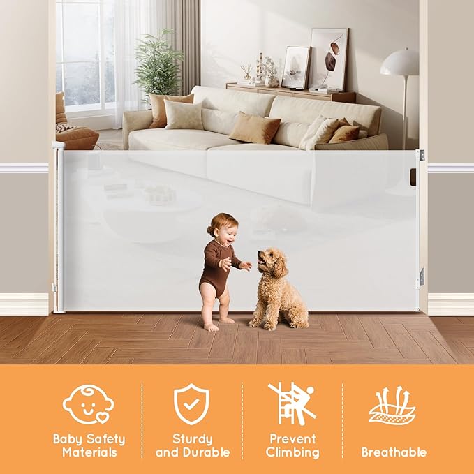 Retractable Baby Gate for Stairs, 71" Wide Mesh Pet Gate, Automatic Tension, One-Hand Operation, 38" Tall Baby Gates for Doorways, Hallways, Deck, Indoor Outdoor, Safe, Easy to Fit, White
