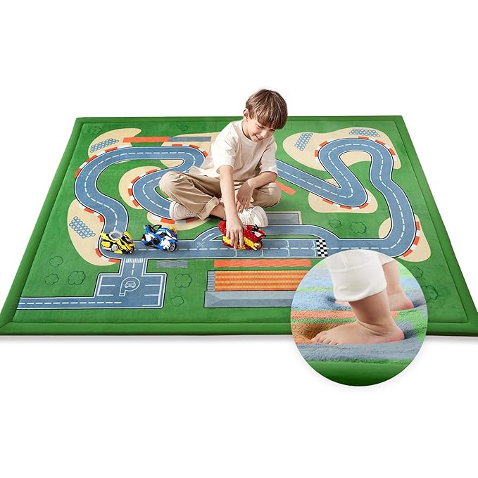 1.3" Thick Educational Baby Floor Play Mat 59x79, Basic Padded Memory Foam Kids Mat, Non-Slip Plush Playmat for Nursery Playroom Classroom (Race Track)
