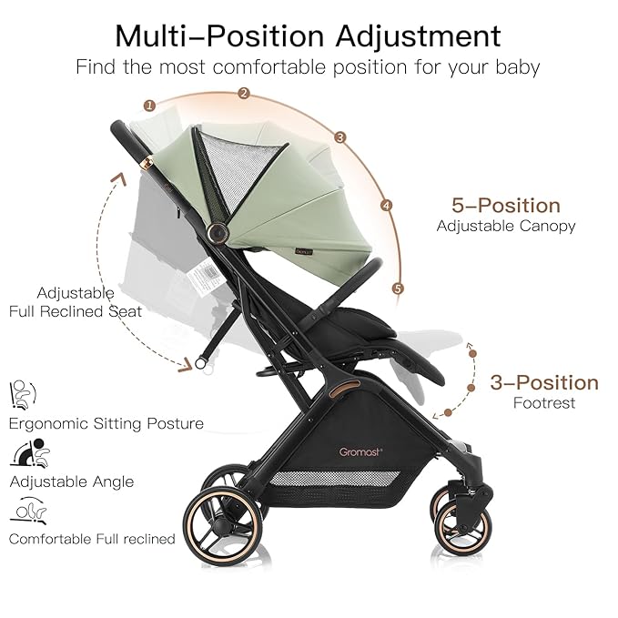 Gravity Folding Baby Stroller - Portable Travel Toddler Stroller w/Adjustable Backrest, Canopy & Cup Holder, Lightweight and UV Protected, One-Hand Automatic Folding - Green