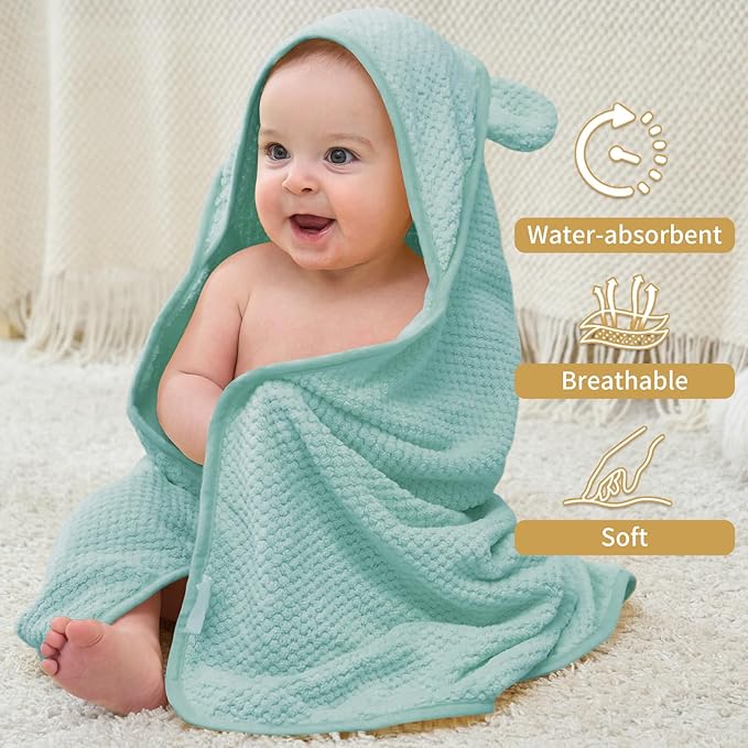 Baby Hooded Towel 2 Pack Bath Towels for Newborn with Animal Design Shower Essentials for Baby Girl Boy and Toddler (Green & Teal, Medium)