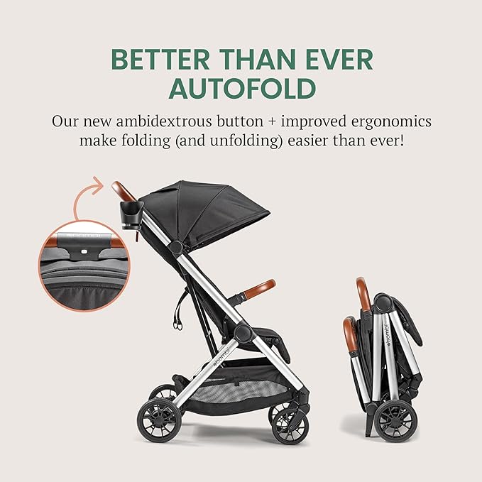 Bombi Bēbee V2 Lightweight Baby Stroller - Premium Vegan Leather, One-Hand Fold, Infinite Recline, Aircraft-Grade Aluminum Frame, XXL Canopy, and Ample Storage Umbrella Stroller - Midnight Black