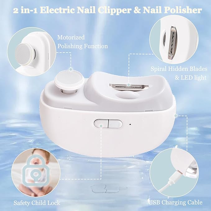 Electric Baby Nail Clippers with LED Light, USB Rechargeable Baby Nail Trimmer Electric, Nail Polisher 2 in 1 Design Electric Nail File Baby, Safe Nail Care for Infants Kids Children and Adult
