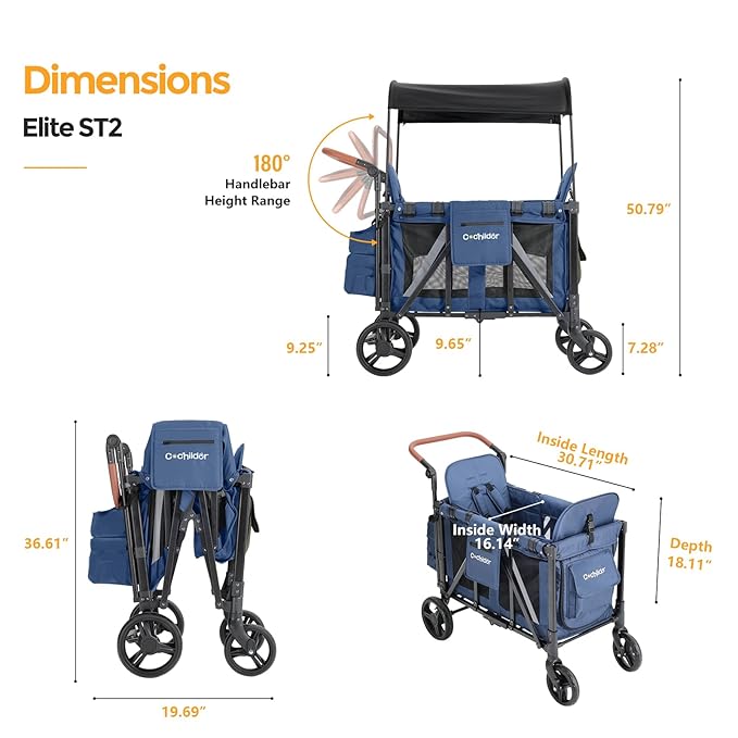 Elite 2 Seater Wagon Stroller for Kids, Foldable Stroller Wagon with Removable Seats & Canopy, 5-Point Safety Harness, Adjustable Handle, Blue