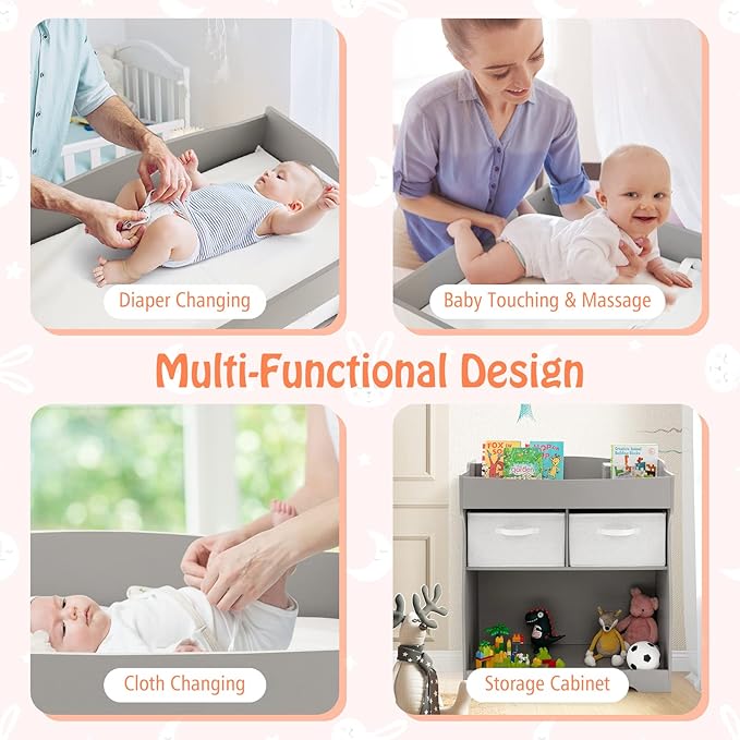Costzon Baby Changing Table, 2 Drawer Infant Diaper Changing Station with Waterproof Changing Pad, Changing Table Dresser for Nursery (Gray)
