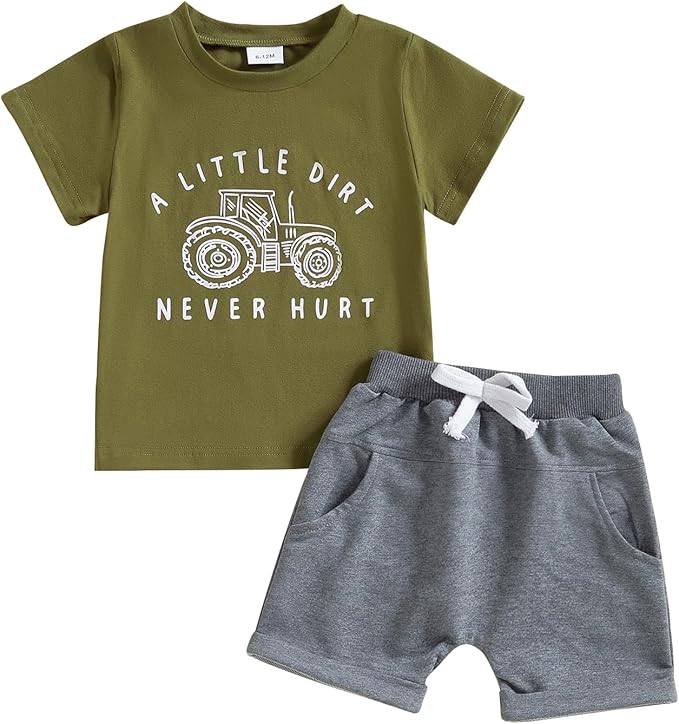 fhutpw Toddler Baby Boy Summer Clothes Tractor Letter Short Sleeve T-Shirt Tops Pockets Casual Shorts Set Infant Outfits