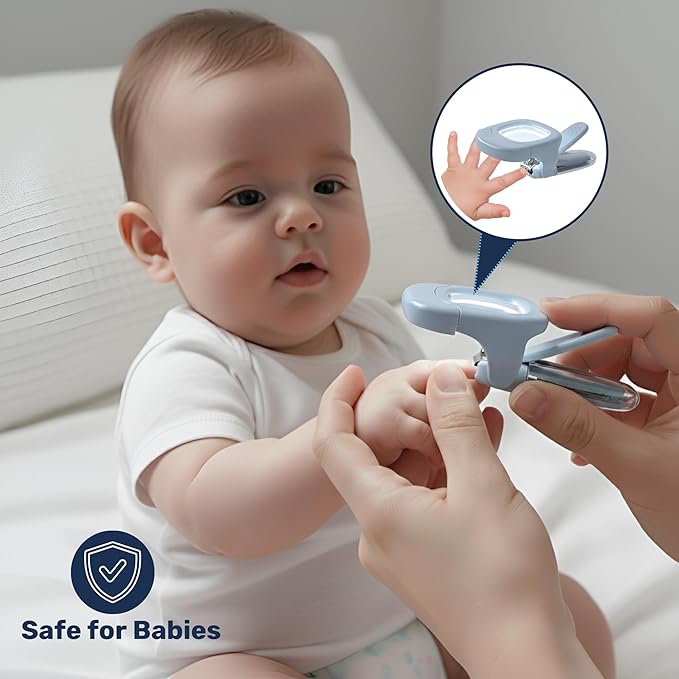 Baby Nail Clipper & File with LED Light, Fingernail Cutter with Catcher for Newborn, Infants & Toddlers- Magnifier for Ultra Visibility, Baby Essentials Nail Trimmer (Blue)