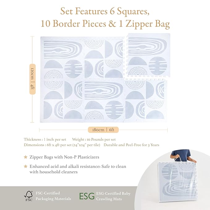 PopsyKosy Premium Baby Floor Play Mat - Extra Thick & Cushioned 1 inch Playroom Foam Mat, Non-Toxic Odorless - 6 Tiles - Spacious 6x4 ft. - Stylish & Large, Waterproof for Kids & Toddlers - Foggy Gray