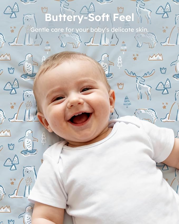 Pack and Play Sheets Fitted 3 Pack, Mini Crib Sheets for Pack N Play Mattress Stretchy Portable Playard Sheets, Soft Breathable Blue & Apricot Bear