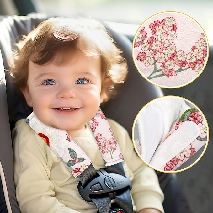 TANOFAR Baby Car Seat Strap Pads, Soft Carseat Straps Covers, Car Seat Straps Shoulder Pads for Girls, Seat Belt Cover Pad for Kids, Suitable for Baby Car Seat, Pushchair, Stroller, Hibiscus Flower