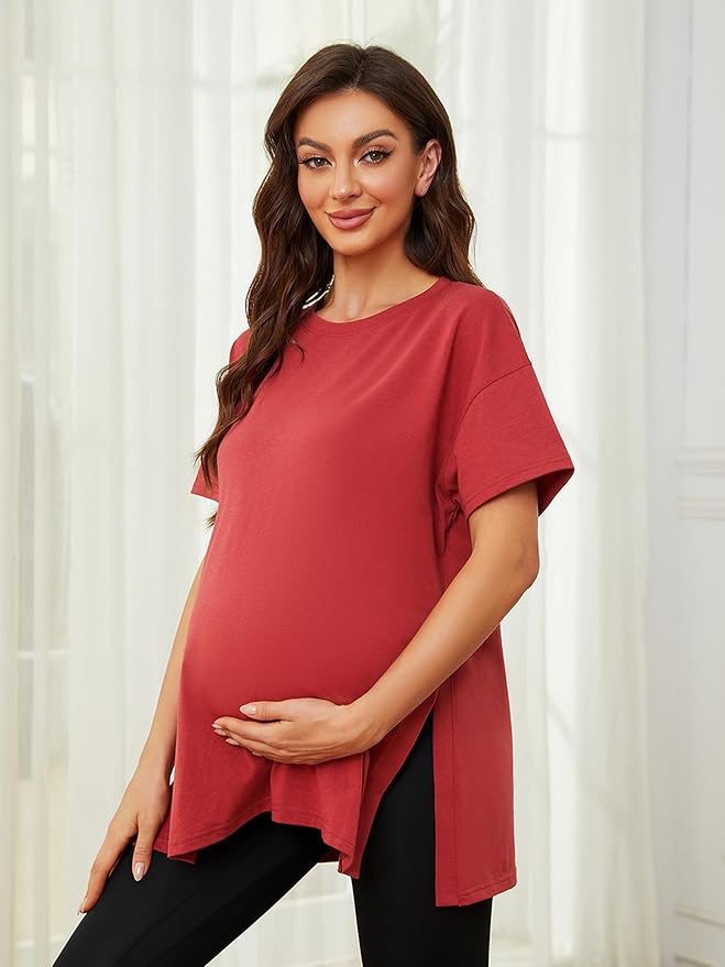 Ecavus Women's Casual Maternity Shirts Split Side Pregnancy Tops Blouses Short Sleeve Loose Fit Maternity Clothes