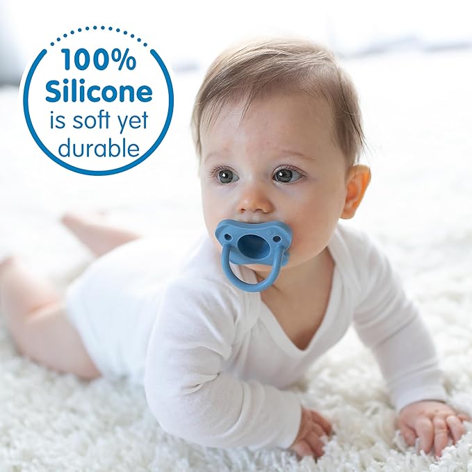 Dr. Brown's HappyPaci 100% Silicone Baby Pacifier, Contoured One-Piece Design, Blue/Light Blue/White, 0-6m, BPA-Free, 3-Pack