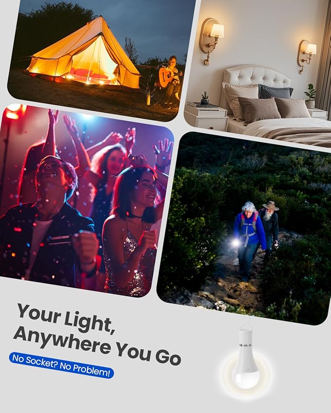 KINDEEP E26 Rechargeable Light Bulbs, A19 LED Battery Operated Bulb with Remote, 2000mAh Wireless Backup Light Bulb - Dimmable, 15 Colors & 3 Timer for Sconces Lamp Camping, 2 Pack