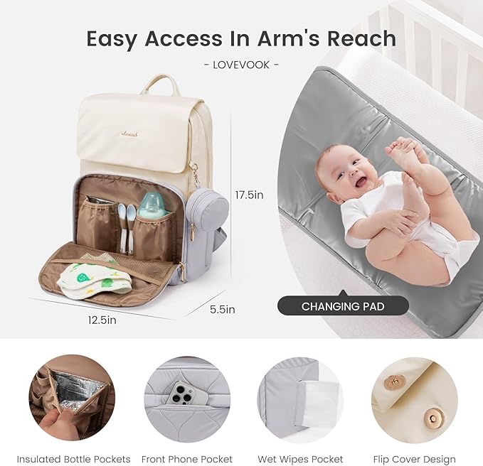LOVEVOOK Diaper Bag Backpack, Baby Travel Bags for Boys & Girl, Toddler Waterproof Diaper Bag w/Changing Pad (Grey, 15.6''-Small)