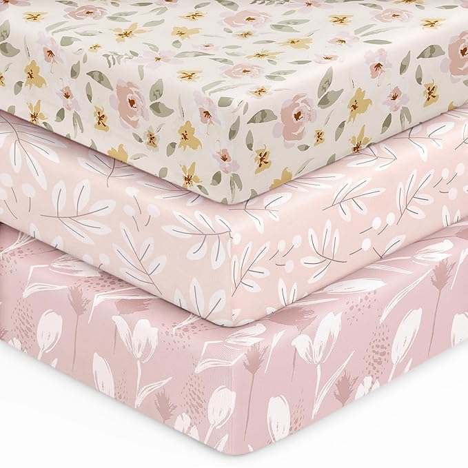 Baby Crib Sheets for Boys Girls, 28x52x8in Fitted Crib Sheet Neutral 3 Pack for Standard Crib and Toddler Mattress, Breathable Soft Microfiber Baby Sheet Pink Flowers & Leaf