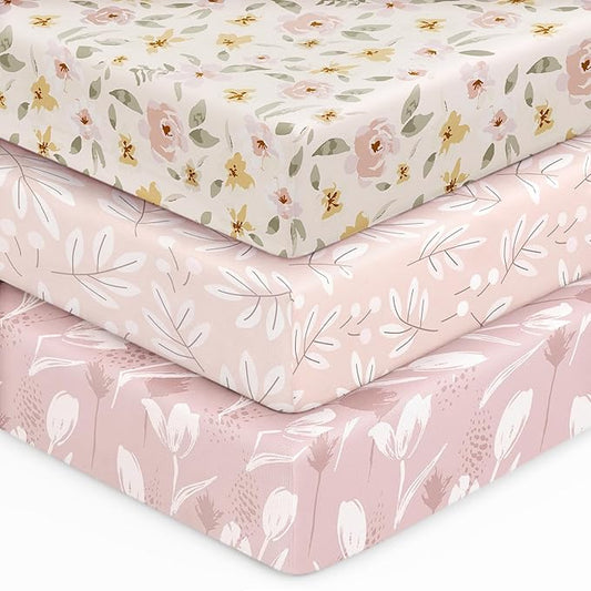 Baby Crib Sheets for Boys Girls, 28x52x8in Fitted Crib Sheet Neutral 3 Pack for Standard Crib and Toddler Mattress, Breathable Soft Microfiber Baby Sheet Pink Flowers & Leaf