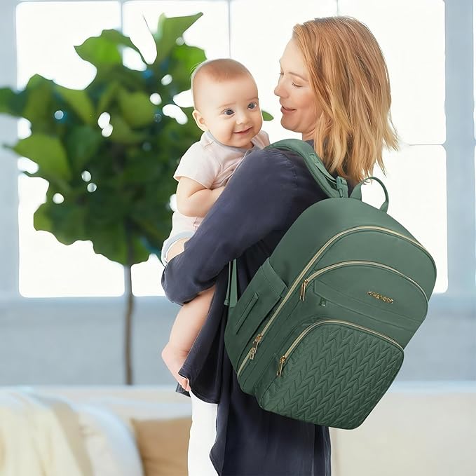 KABAQOO Baby Diaper Bag Backpack, Waterproof Diaper Backpack for Mom & Dad with Changing Pad, Insulated Pockets and Stroller Straps, Baby Shower Gifts for Girls & Boys, Sage