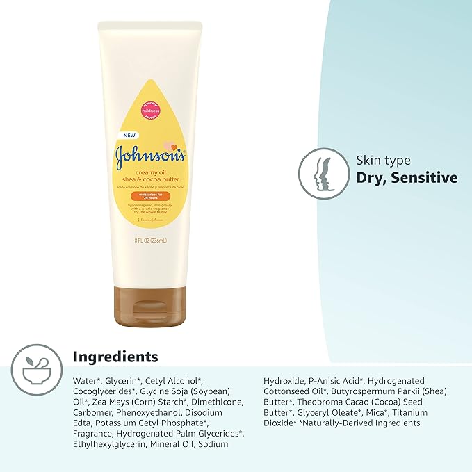 Johnson's Baby Creamy Oil for Baby with Shea & Cocoa Butter, Moisturizing Body Lotion, 8 fl. oz (Packaging May Vary)