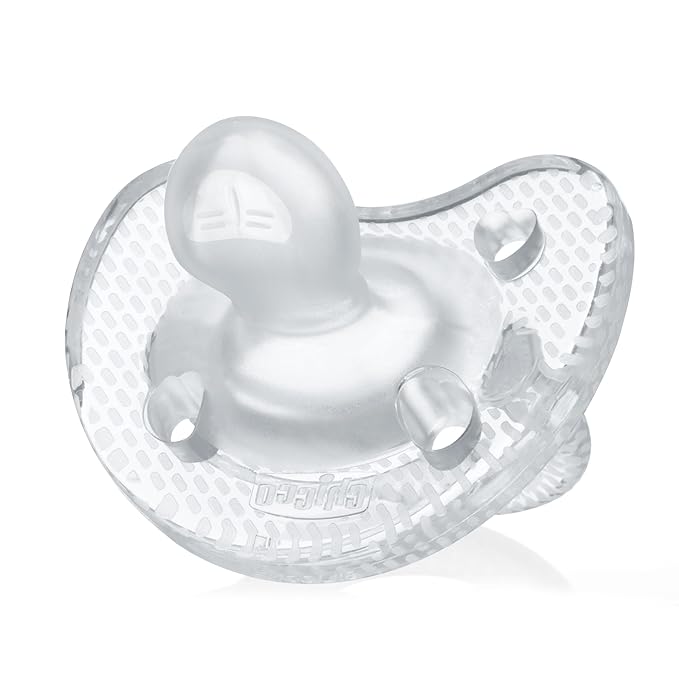Chicco PhysioForma Luxe Orthodontic Pacifier, 6-16m | 100% Soft Silicone | Supports Breathing & Oral Development | Textured Shield & Handle | Includes Sterilizing Case | BPA Free | Crystal, 2pk