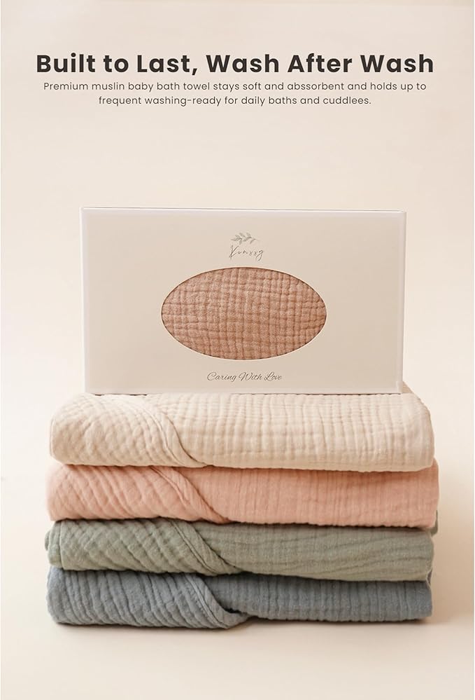 Konssy 2-Pack Muslin Baby Hooded Towels, 100% Cotton, Soft and Absorbent Baby Bath Towels for Newborn, Infant & Toddler with Animal Hooded Design(Bunny & Deer)