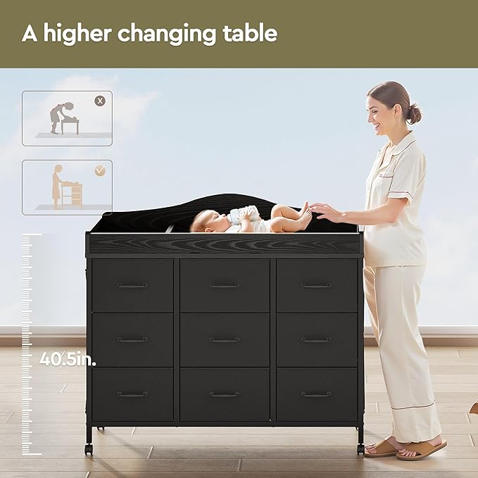 Baby Changing Table with 9 Fabric Drawers, Waterproof Diaper Changing Station & Pad, Mobile Nursery Diaper Changing Table, Baby Furniture, Bedroom, Black